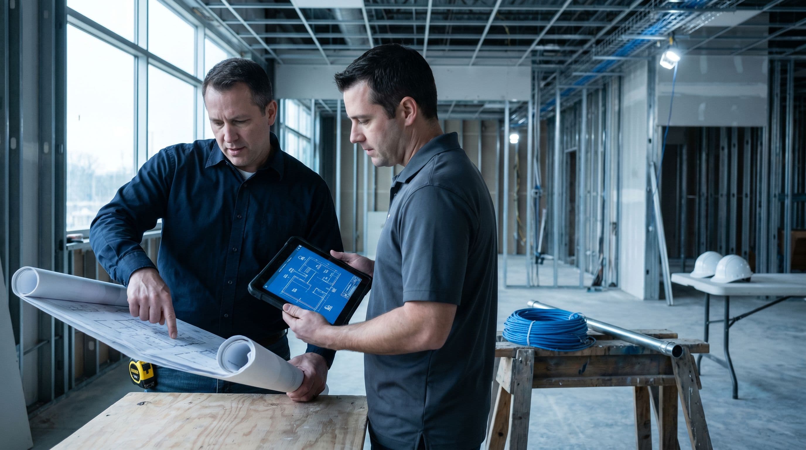 Axis systems designer and project manager reviewing architectural plans and a blueprint schematic on a tablet at an active commercial construction site